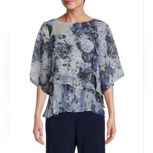 Alex Evenings Size 3/4 Sleeves Scoop Neck Floral Chiffon Blouse